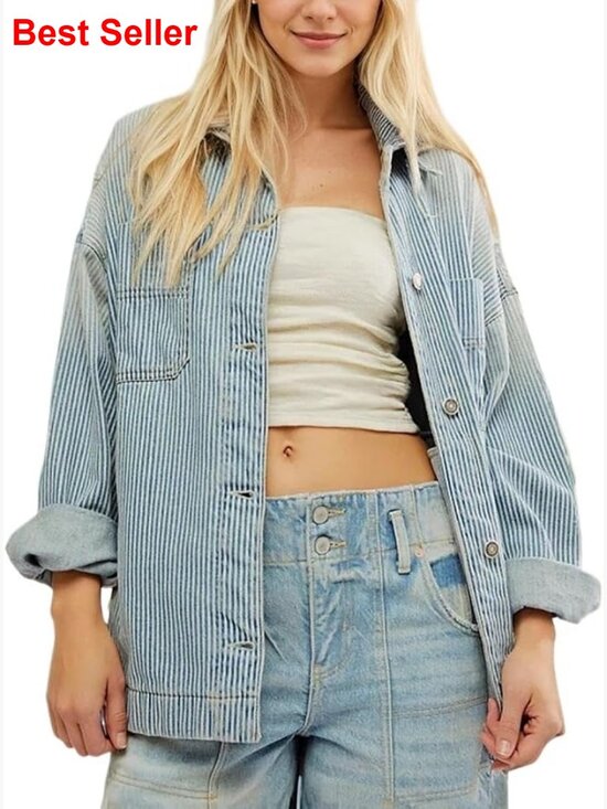 Jackets & Blazers - Striped Denim Jacket Casual Long Sleeve Boyfriend Coat with Pockets